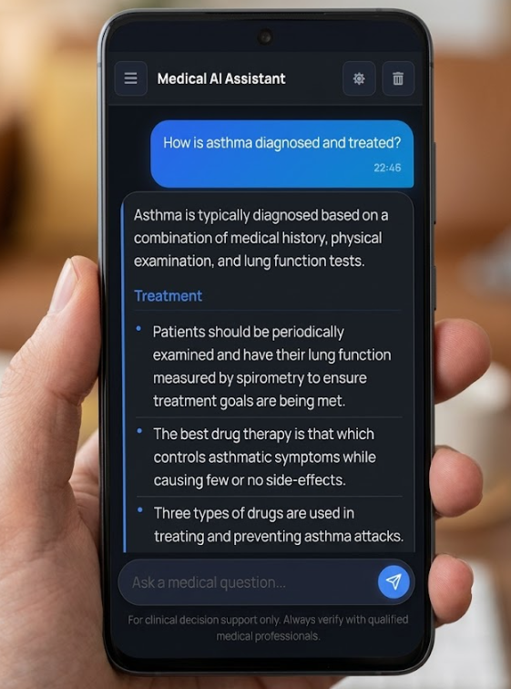 Medi-Query Dark Mode - Showing asthma diagnosis and treatment conversation