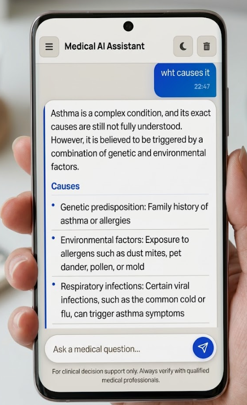 Medi-Query Light Mode - Showing asthma causes conversation